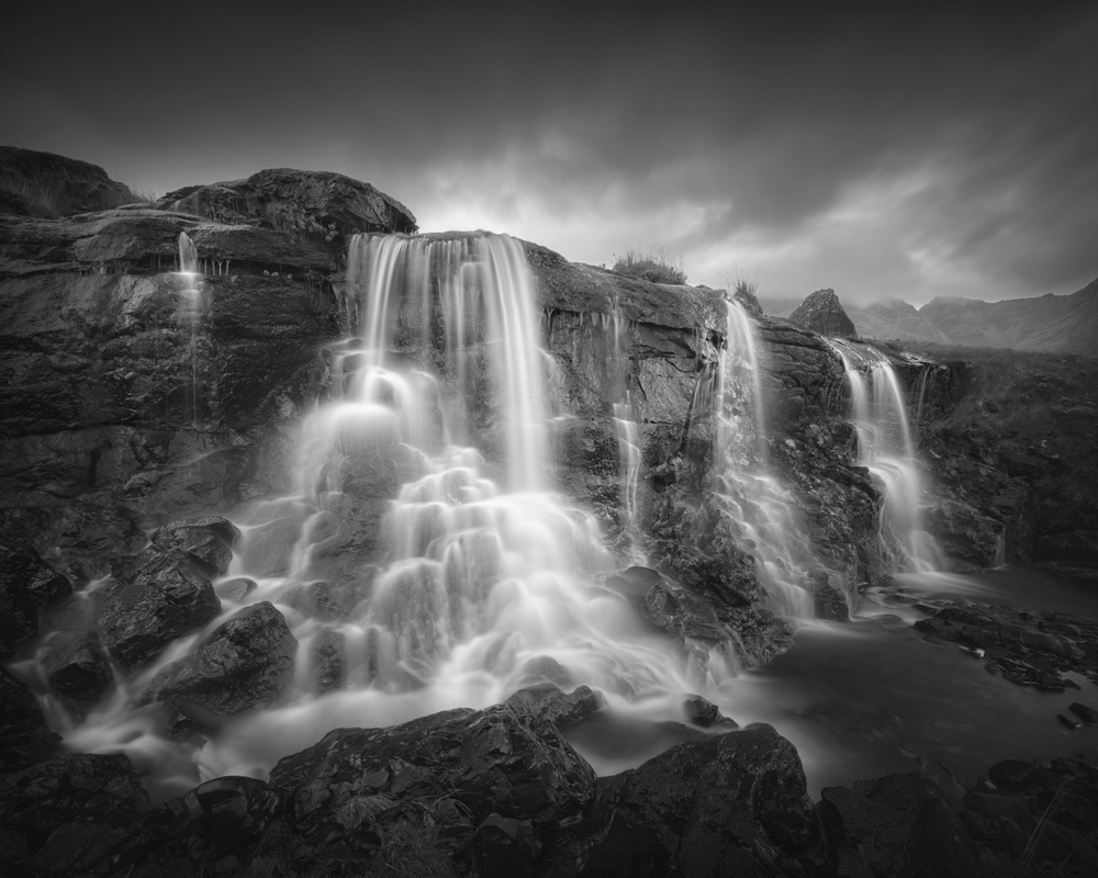 black and white photography waterfall