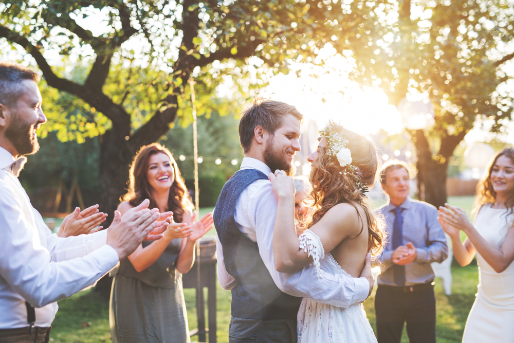 Bride and groom dancing at wedding reception