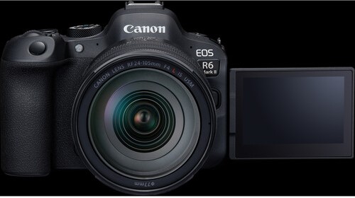 Canon EOS R6 II front showing screen facing forward