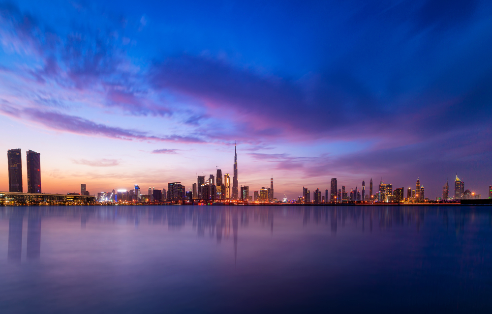 Dubai Skyline at Sunset and Blue Hour 