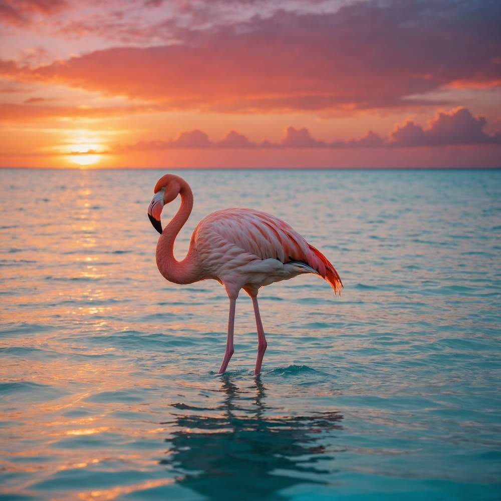 Flamingo standing in blue water at sunset