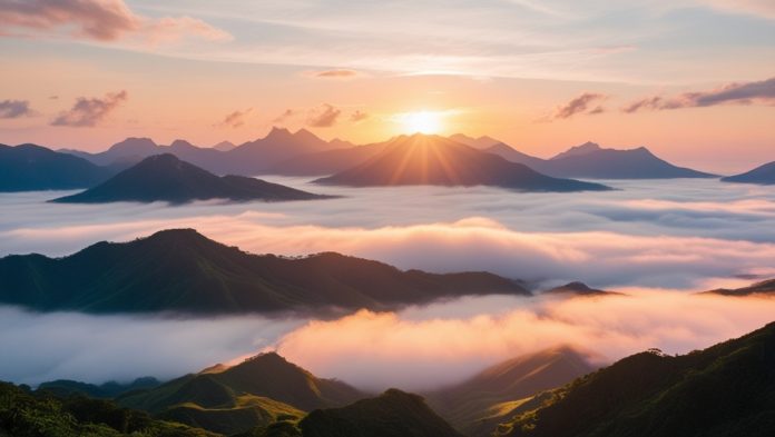 sunrise over misty mountains